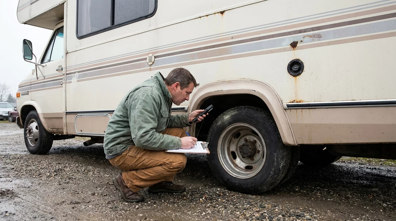 Personne inspectant methodiquement un camping-car d'occasion