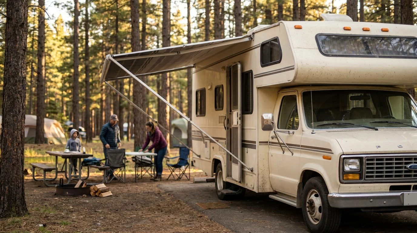 Camping-car profile avec famille devant en aire de camping