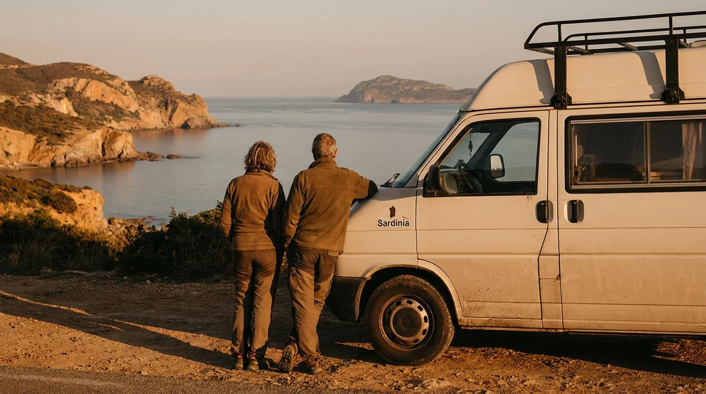 Couple de camping-caristes devant leur vehicule en bord de mer