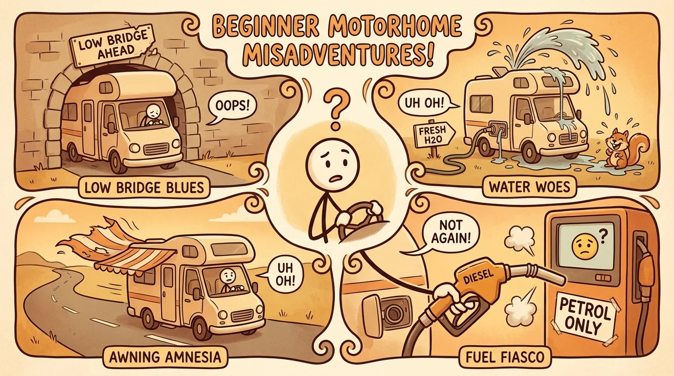 Illustration humoristique des erreurs de camping-cariste