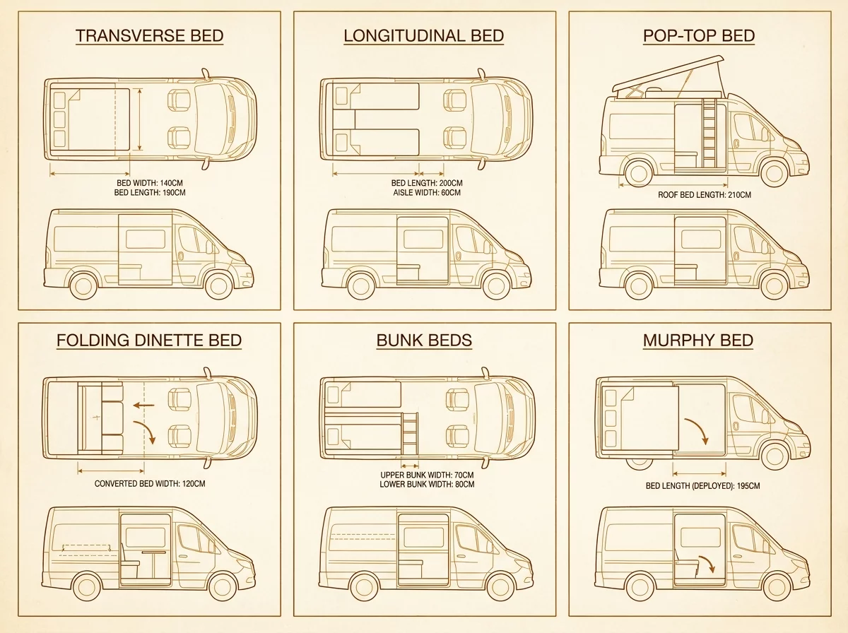Schema des differentes configurations de couchage fourgon